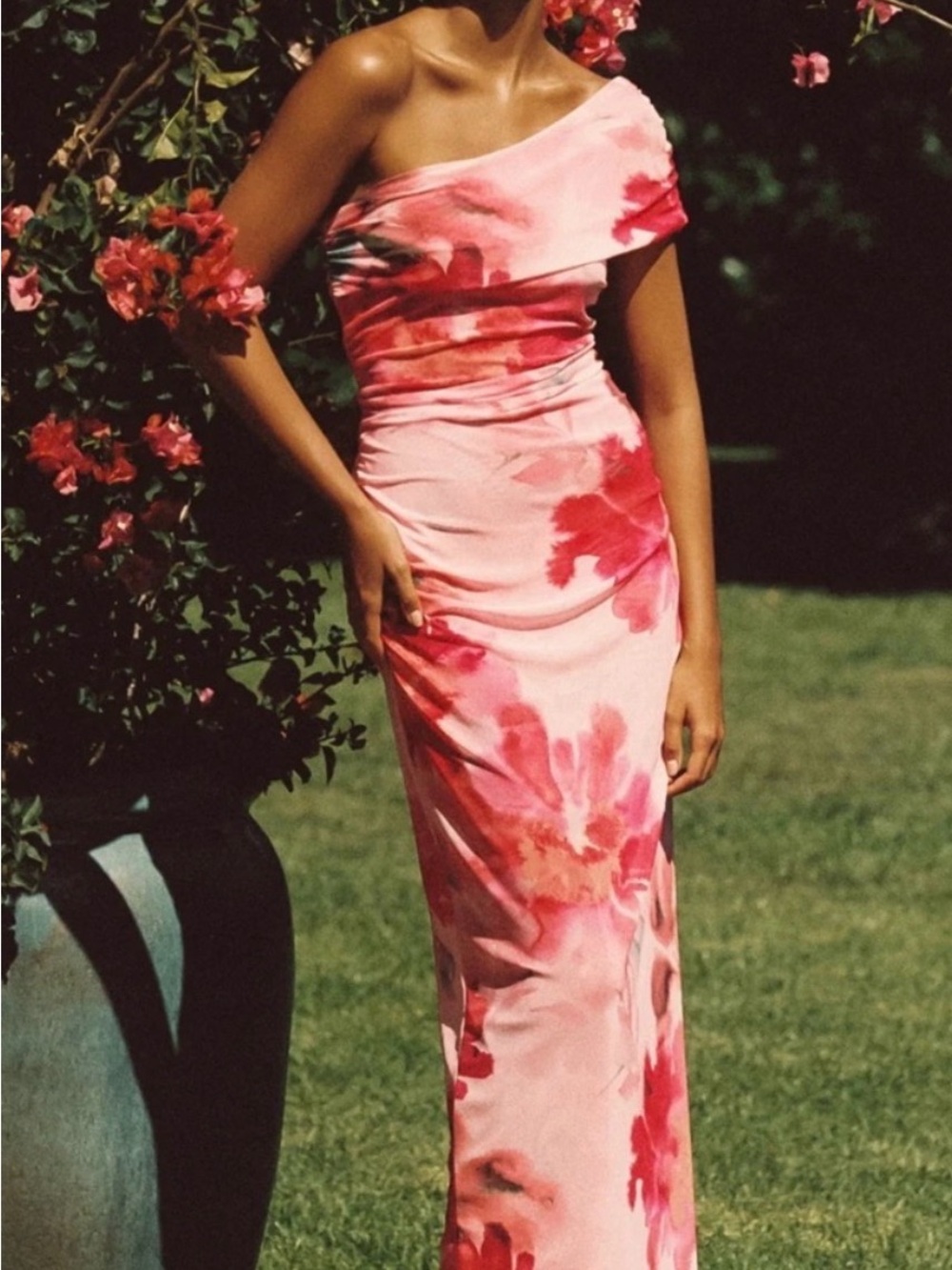 Skatie Caroline Dress One-Shoulder Pink Floral Mesh Maxi Dress